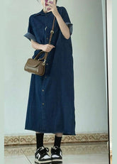 Elegante vestido de camisa vaquera con cuello Peter Pan y patchwork en azul marino